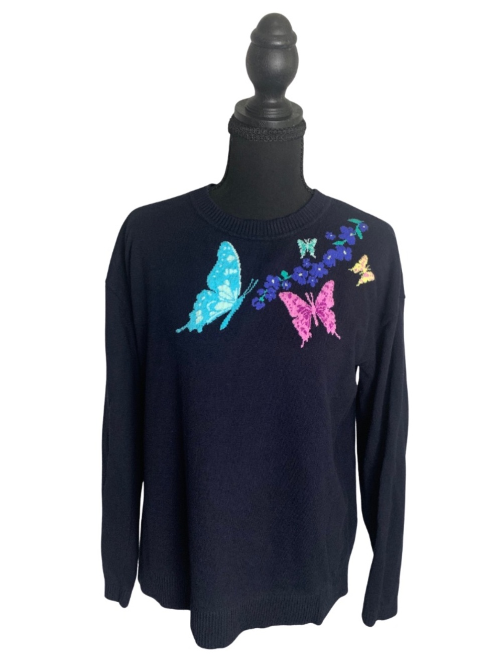 Talbots Navy Crewneck Sweater with Multicolor Butterfly Embroidery